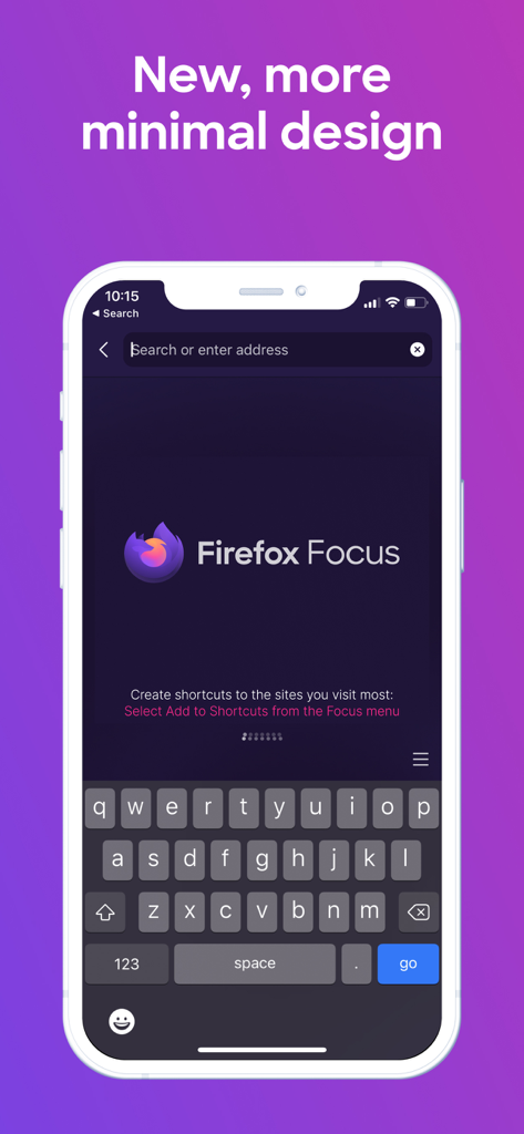 Firefox Focus: Privacy browser - Pantalla de inicio de la aplicación Firefox Focus destacando su diseño minimalista y la barra de búsqueda privada