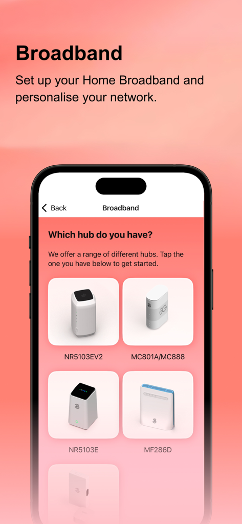 Interfaccia dell'app Three che mostra una selezione di modelli di hub di rete fissa per l'installazione domestica