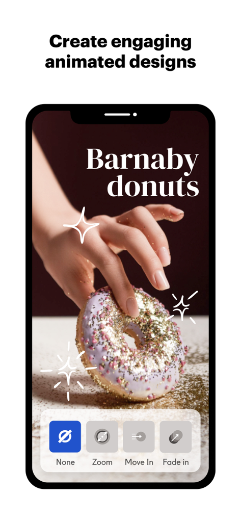 Smartphone interface of VistaCreate app showing animation tools for a social media design