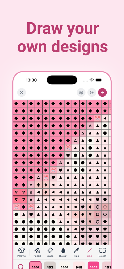 Interface do editor de padrões de ponto cruz mostrando um design personalizado com símbolos e cores de linha DMC.