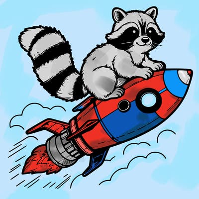 realistic raccoon flying on top rocket ship