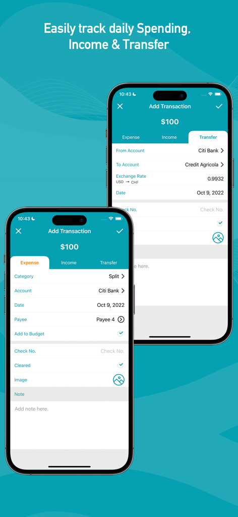 Quick Checkbook Pro mobile app screens for tracking daily expenses and bank transfers