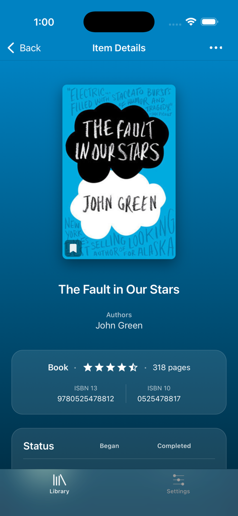 Libib app showing details for the book The Fault in Our Stars by John Green