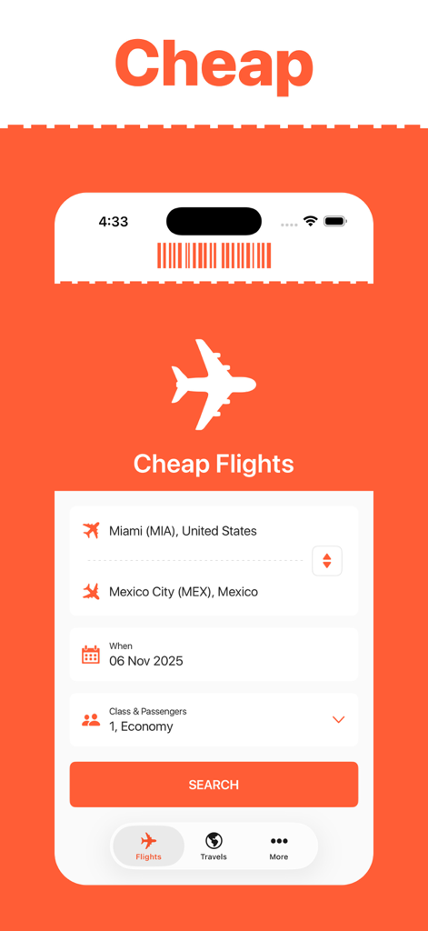 Mobile app interface for searching flights from Miami to Mexico City