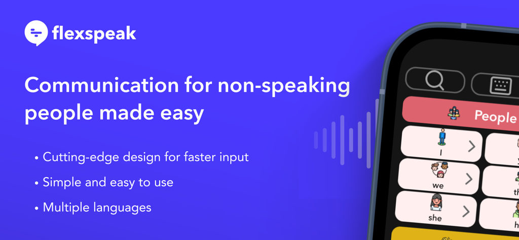 Flexspeak AAC - Flexspeak AAC app interface showing word tiles for non-speaking individuals to communicate easily