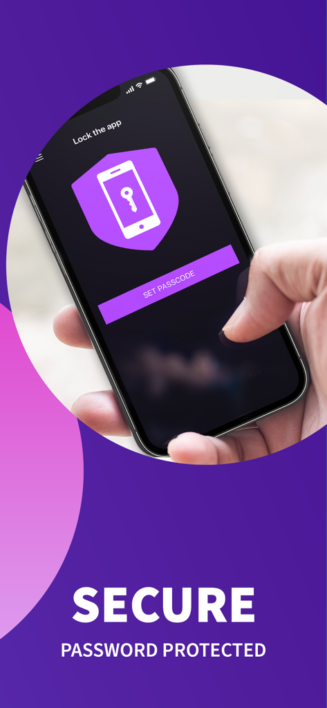 Wapa 레즈비언 데이트 앱의 암호 잠금 기능을 보여주는 스마트폰 화면, SECURE PASSWORD PROTECTED라는 텍스트가 표시됩니다.