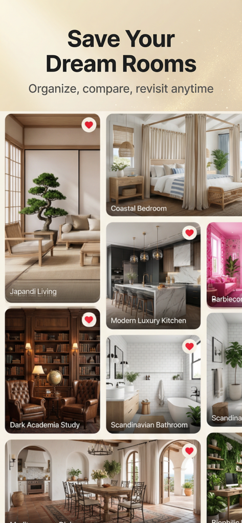 AI Room Design: Home Redesign - Una galería de estilos de diseño de interiores guardados que incluyen sala de estar Japandi, dormitorio costero y cocina de lujo moderna dentro de la aplicación AI Room Design