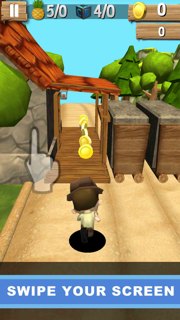 Um personagem 3D correndo em um caminho na floresta e coletando moedas de ouro no Adventure Run 3D