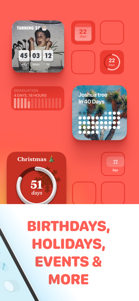 A collection of colorful and aesthetic countdown widgets for birthdays, graduations, and holidays on an iPhone screen.