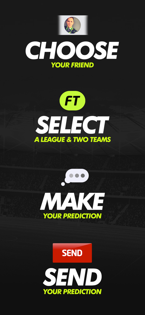 A visual guide showing four steps to use the app: choose a friend, select a league and teams, make a score prediction, and send it.