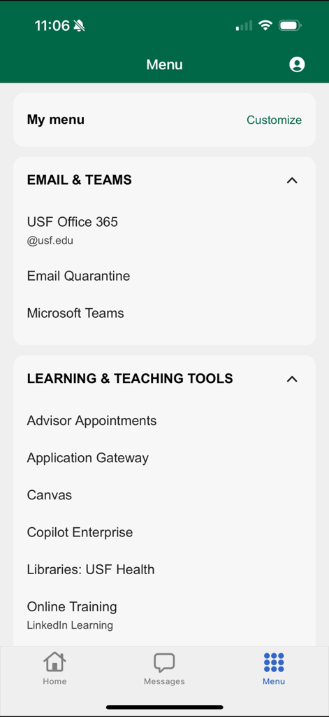 MyUSF Mobile - MyUSF Mobile app menu screen showing email and learning tools