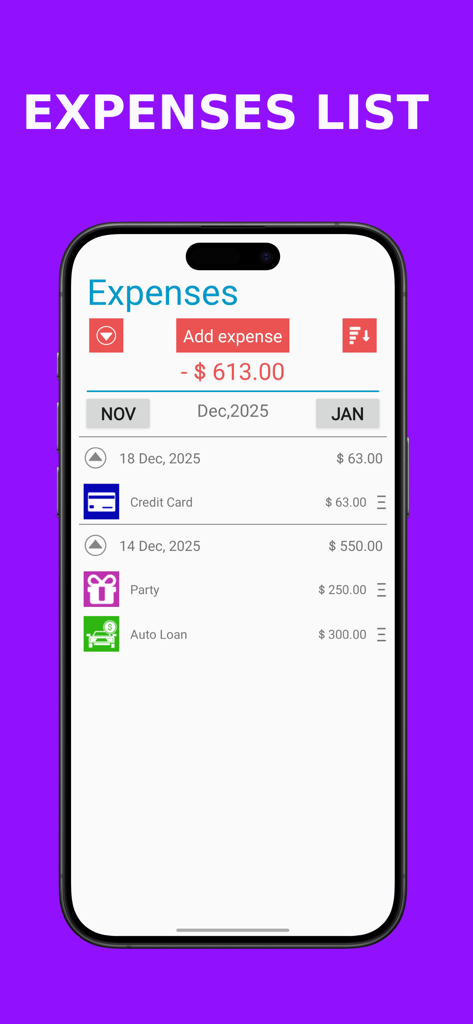 Home Budget Manager Paid - Home Budget Manager app expense list screen showing monthly transactions and spending total