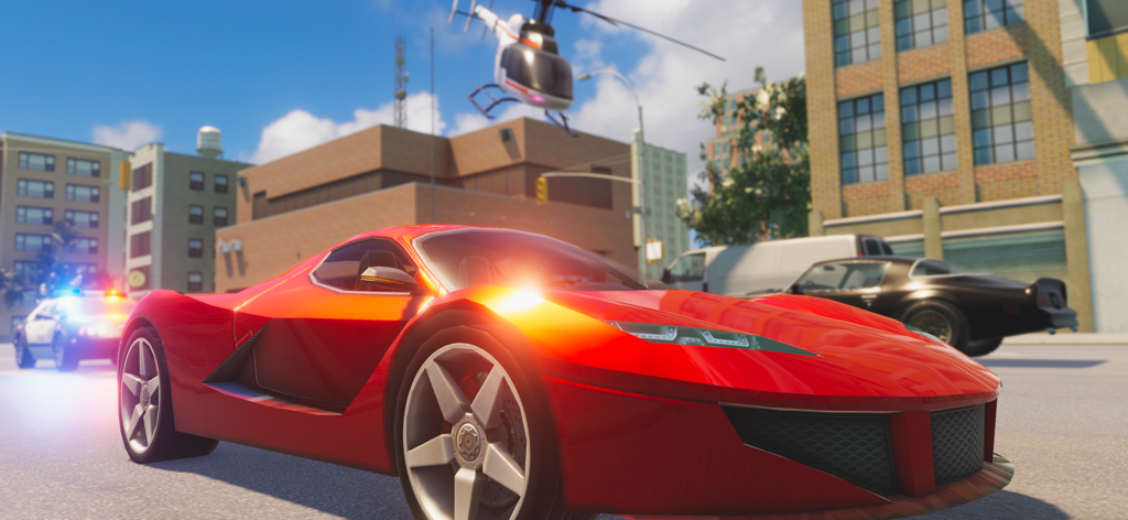 Crime Auto - 도시 거리에서 경찰차와 헬리콥터에 쫓기는 빨간색 스포츠카.