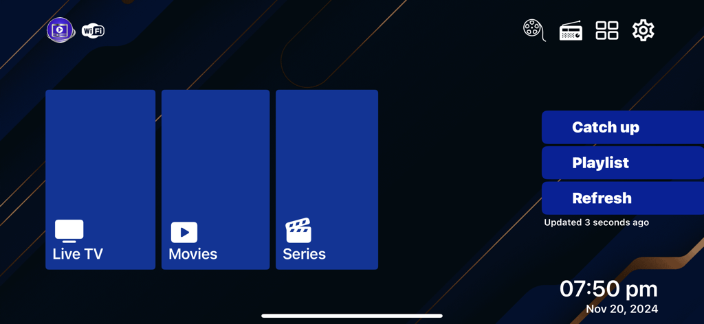 Smart One IPTV Player main dashboard showing Live TV, Movies, and Series categories