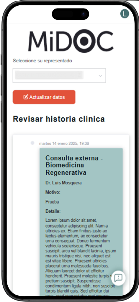 MiDOC.io - Interface of the MiDOC.io app displaying secure clinical notes and patient medical history.
