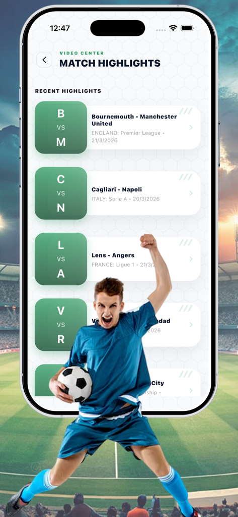 Live Football TV- HD Streaming - Una pantalla móvil que muestra los resúmenes de partidos de varias ligas de fútbol en la aplicación Live Football TV.