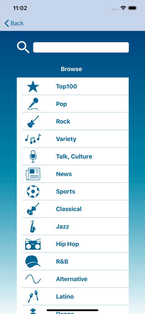 Écran de navigation de l'application Radio FM et AM affichant une liste de catégories musicales et de contenus comme Top 100, Pop, Rock, Actualités et Sports.