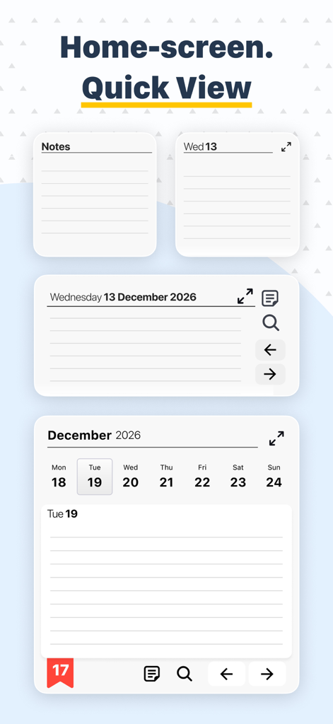 Planner: Daily, Weekly Diary - Planner app home screen interface featuring quick view widgets for notes and calendar