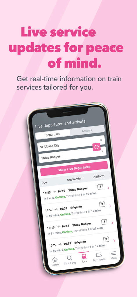 ThamesLink Railway - 영국 여행을 위한 Thameslink 앱의 실시간 기차 출발 및 서비스 업데이트를 보여주는 스마트폰 화면.