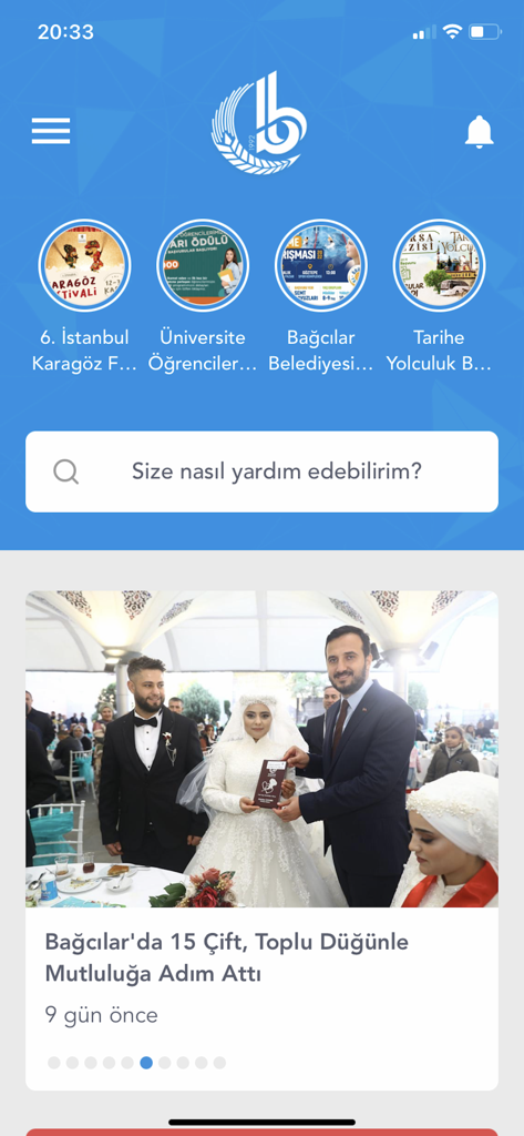 Bağcılar Belediyesi Mobil - Interface do aplicativo móvel do Município de Bagcilar apresentando notícias locais e ícones de serviços municipais