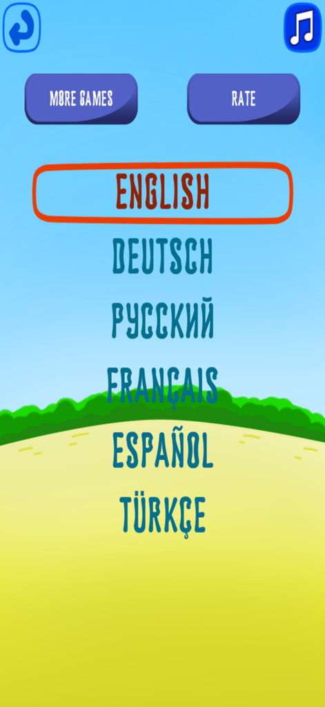 Language selection menu in the Learn Body Parts easy app showing multilingual options