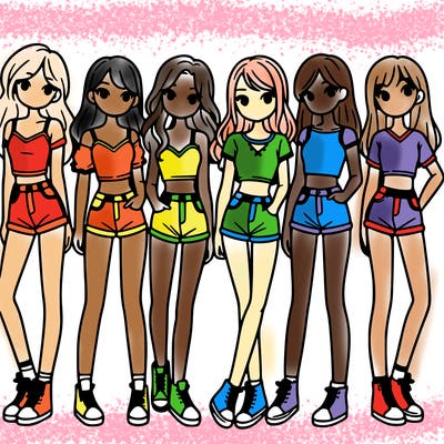 a group of girls wearing crop tops and shorts