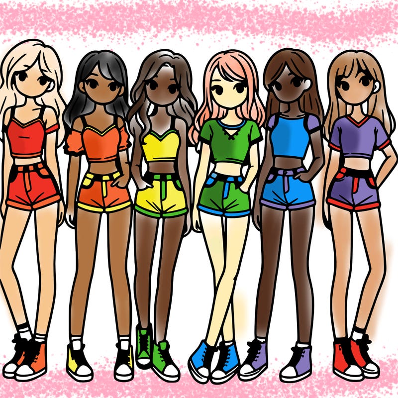 a group of girls wearing crop tops and shorts