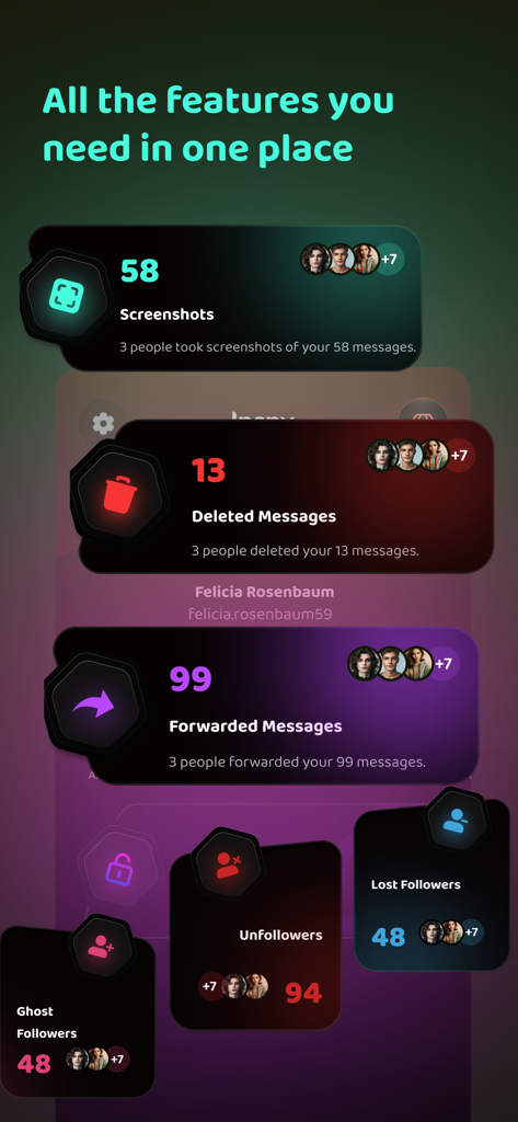Dashboard view of Reports by InSpy showing Instagram analytics for screenshots, deleted messages, and unfollowers