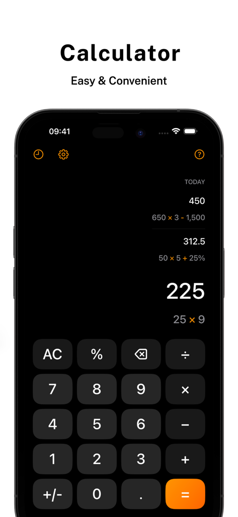 Calculator Widget - Calcullo - Interfaz de la aplicación Calcullo mostrando el historial de cálculos y un teclado numérico en un iPhone.