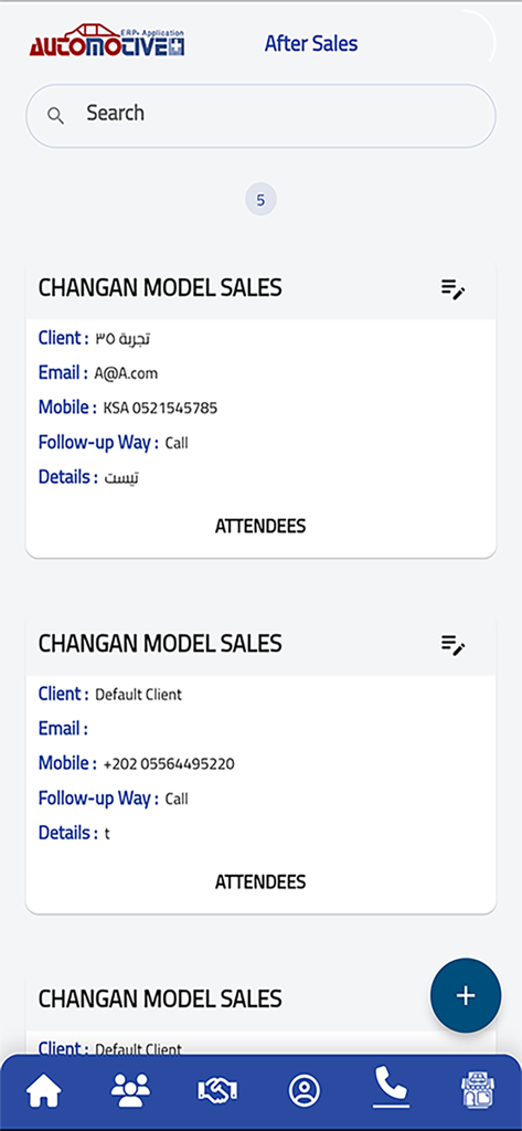 Tela do aplicativo ERP Automotive mostrando gerenciamento de leads de vendas com detalhes de contato do cliente