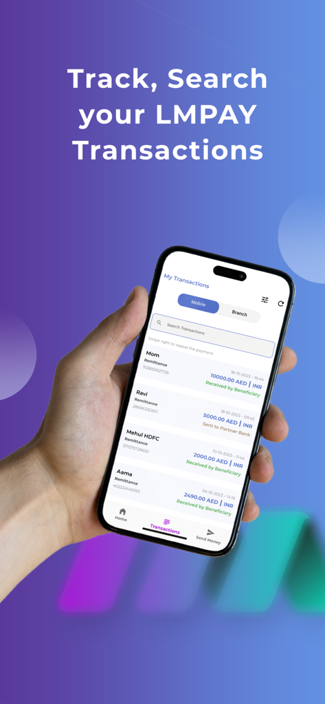 Smartphone displaying the LMPAY app transaction history screen with various money transfers and their statuses
