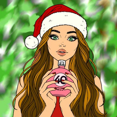 beautiful girl long hair wearing a santa hat log thick lashes touching her head sol de janerio perphume40
