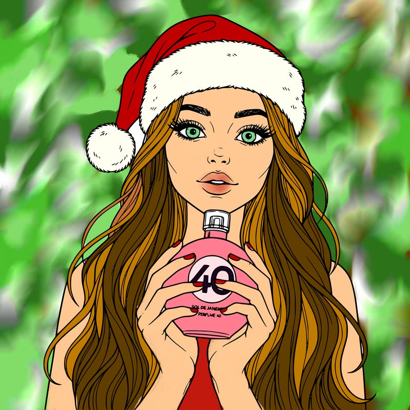 beautiful girl long hair wearing a santa hat log thick lashes touching her head sol de janerio perphume40