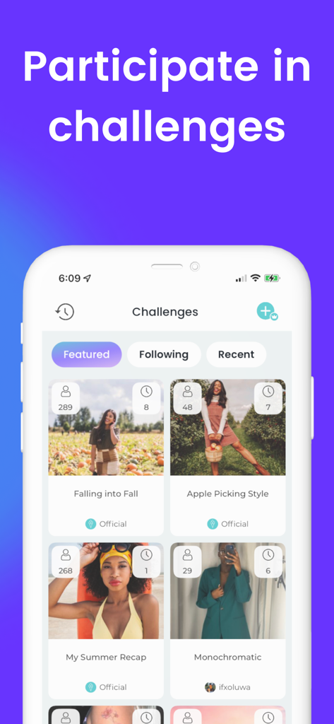 ShopLook - Outfit Maker - Mobile screen of ShopLook app featuring community fashion challenges and style prompts