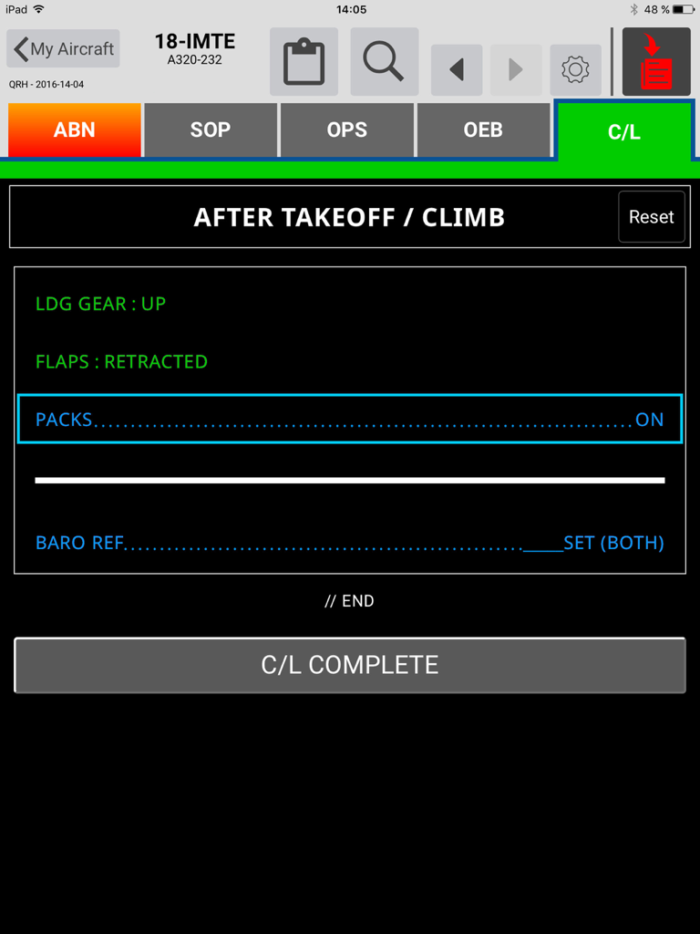 Airbus eQRH iPad interface showing an after takeoff and climb flight checklist