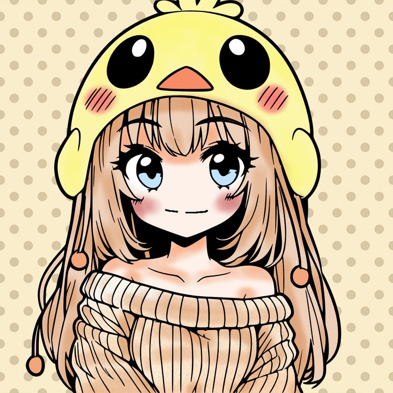 anime girl with chick shaped hat with sweater with bare shoulders with bangs covering them one eye with low tail
