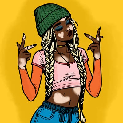 realistic teenage girl with braids and a beanie and crop top doing 🫶🏼