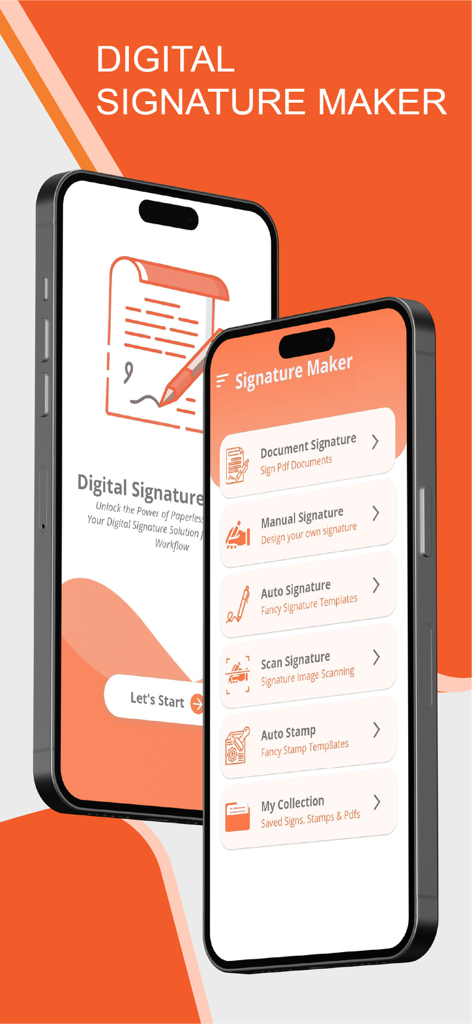 Digital Signature Stamp E Sign - Mobile app interface of Digital Signature Maker showing document signing and stamp creation options on two smartphones
