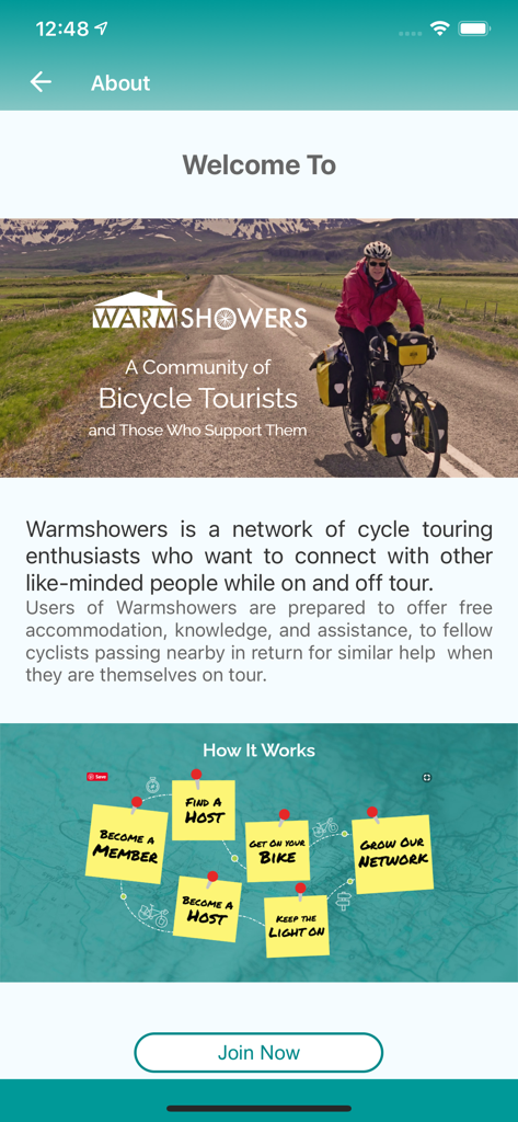 Warmshowers App - Warmshowers app about page explaining the bicycle touring community and hospitality exchange