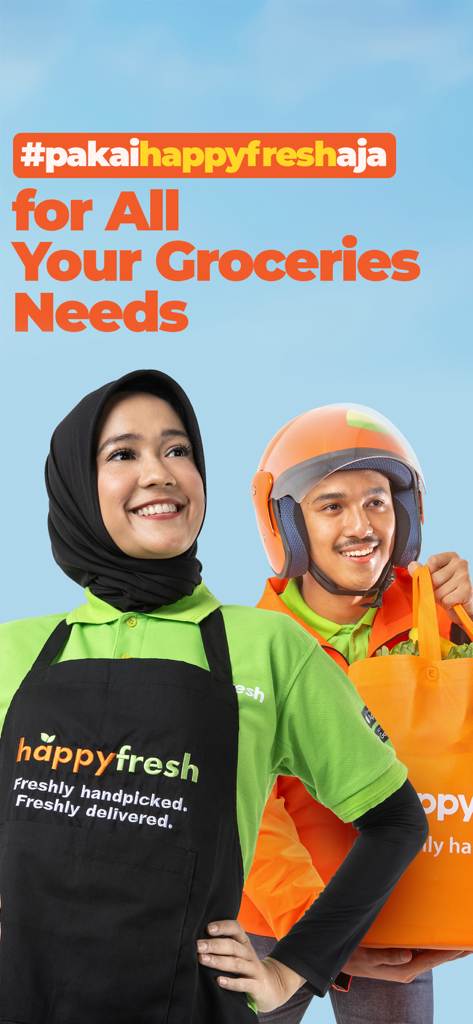 HappyFresh - Grocery Delivery - A smiling HappyFresh personal shopper and delivery rider ready to fulfill grocery orders.