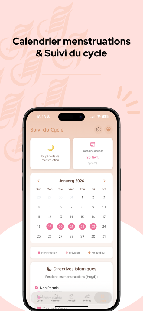 Ihsan - Salat & Dhikr - Ihsan app menstruation cycle tracker and Islamic directives for women