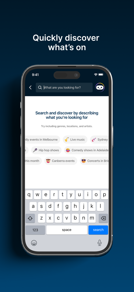 Search screen of the Ticketek AU app featuring event categories and suggestions.