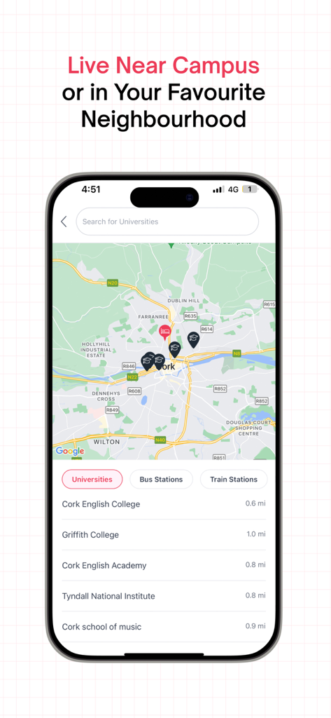 Amber: Student Housing & Apt - Map view in the Amber app showing university locations and nearby housing options for students.