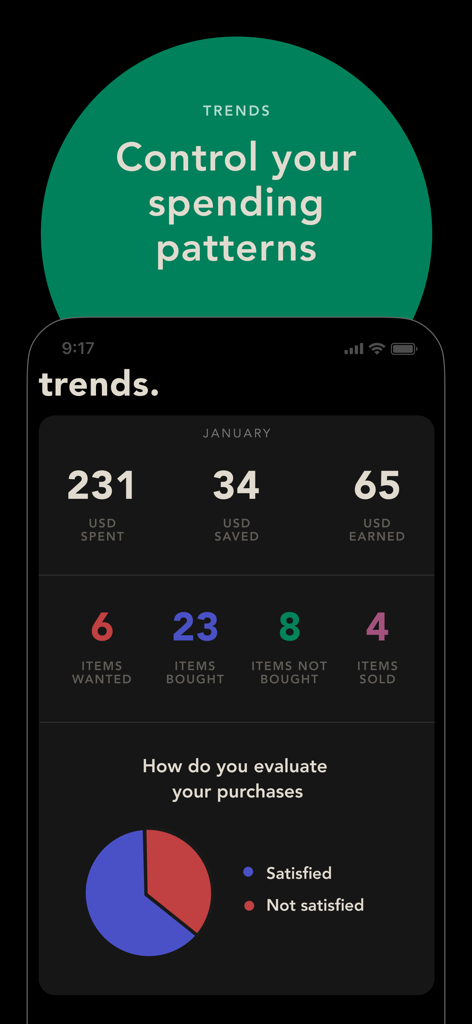 bless. minimal shopping habits - A mobile dashboard showing monthly spending stats and purchase satisfaction levels