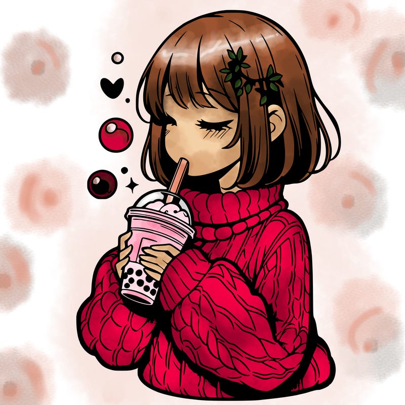 manga girl drinking boba in cozy sweater