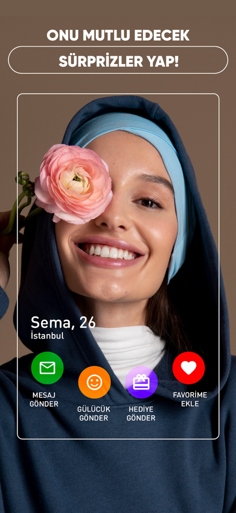 Gönülden Sevenler Evlilik - Perfil do usuário no aplicativo de casamento turco Gonulden Sevenler mostrando recursos de mensagens e presentes