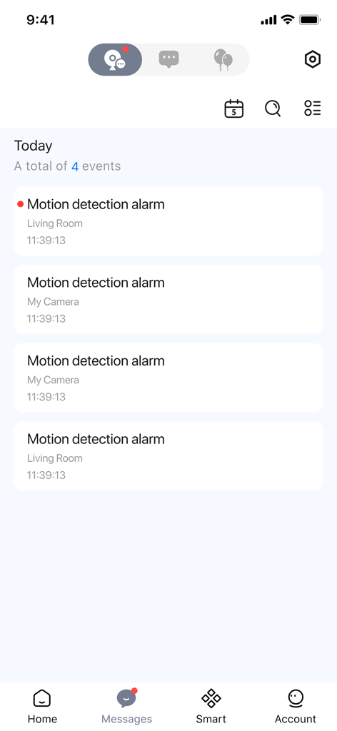 Foscam - Foscam app messages tab showing a list of motion detection alarms from security cameras