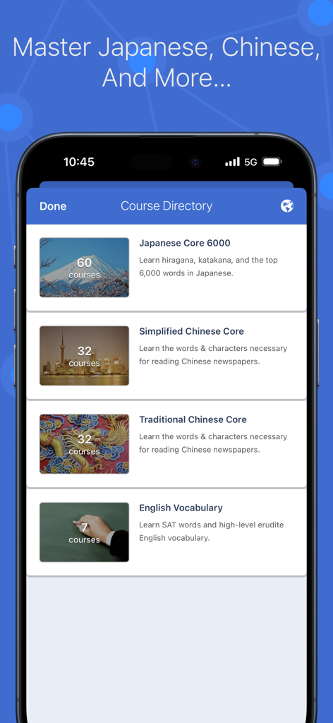 iKnow! - Diretório de cursos do aplicativo iKnow listando programas de vocabulário de japonês, chinês e inglês