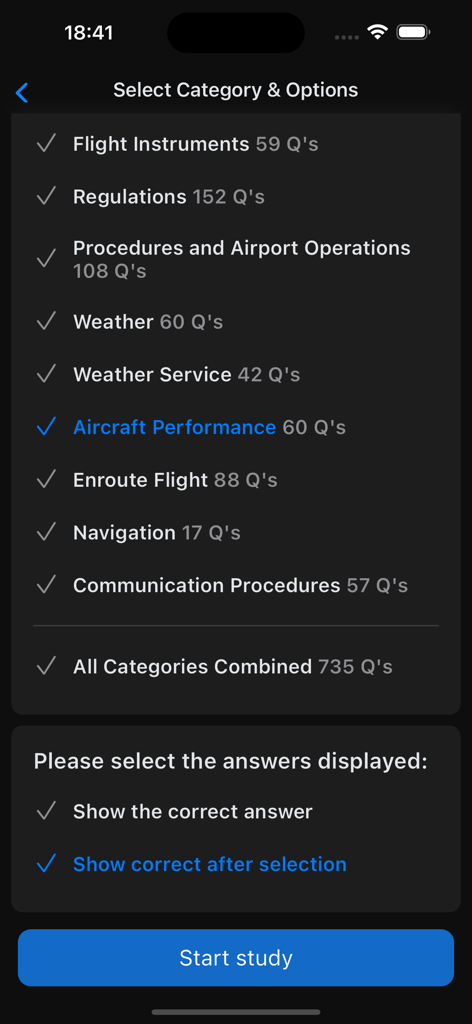AirTest Pro - AirTest Pro app screen for selecting FAA exam study categories and practice options