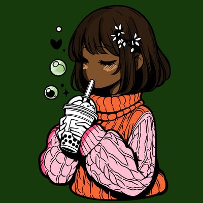 manga girl drinking boba in cozy sweater